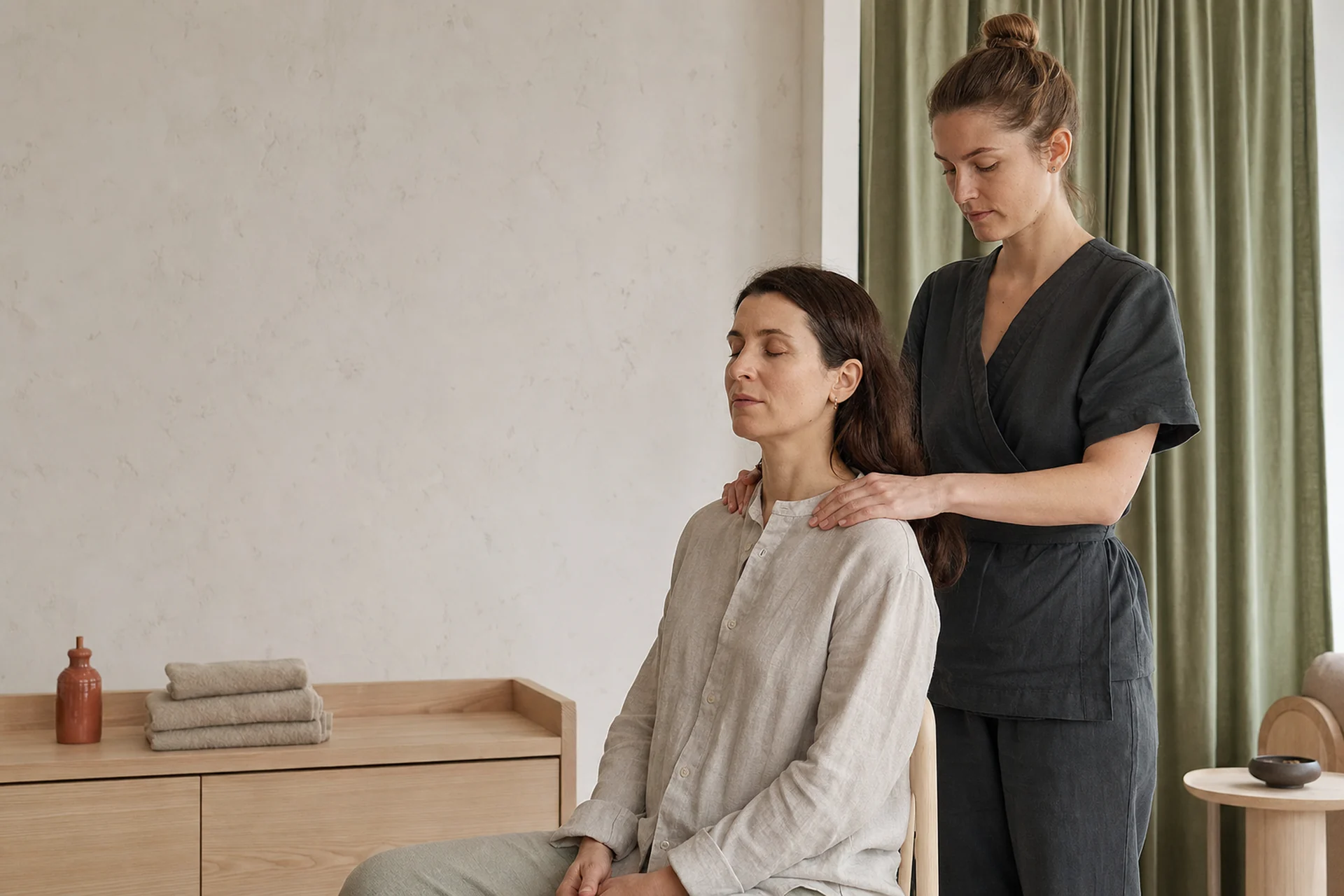 A practitioner gives a shoulder massage in a calm treatment room
